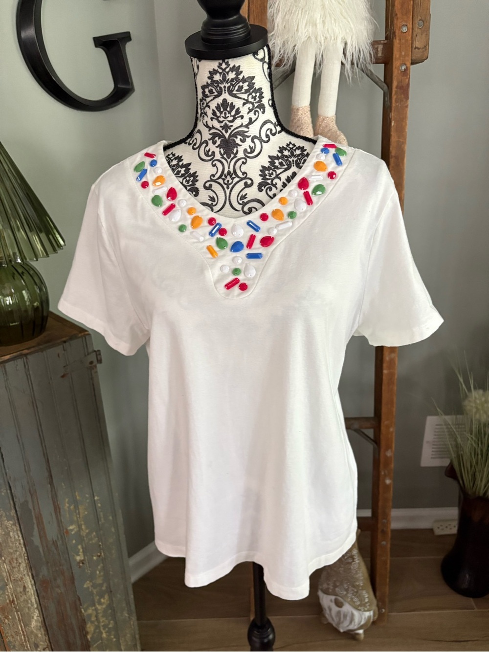 Embellished V-Neck White Women's Top